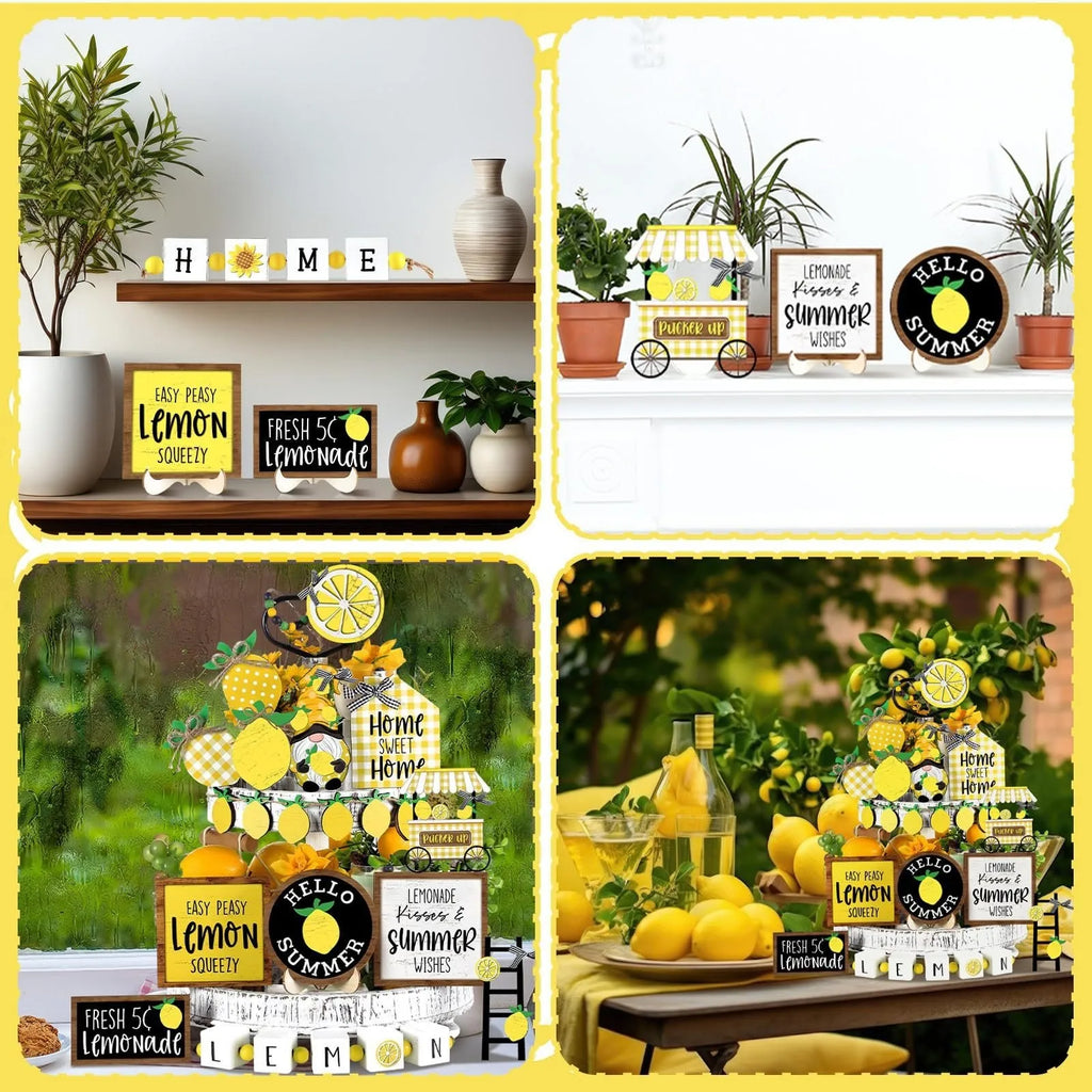 Summer Lemon Tiered Tray Decor Set Wood Sign Rustic Summer Home Table Decor DecoracióN Y Accesorios De Mesa Home Decor